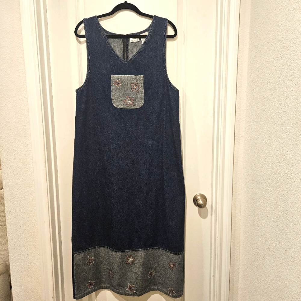 Vintage Sunshine Apparel denim overall dress embroidered stars size L